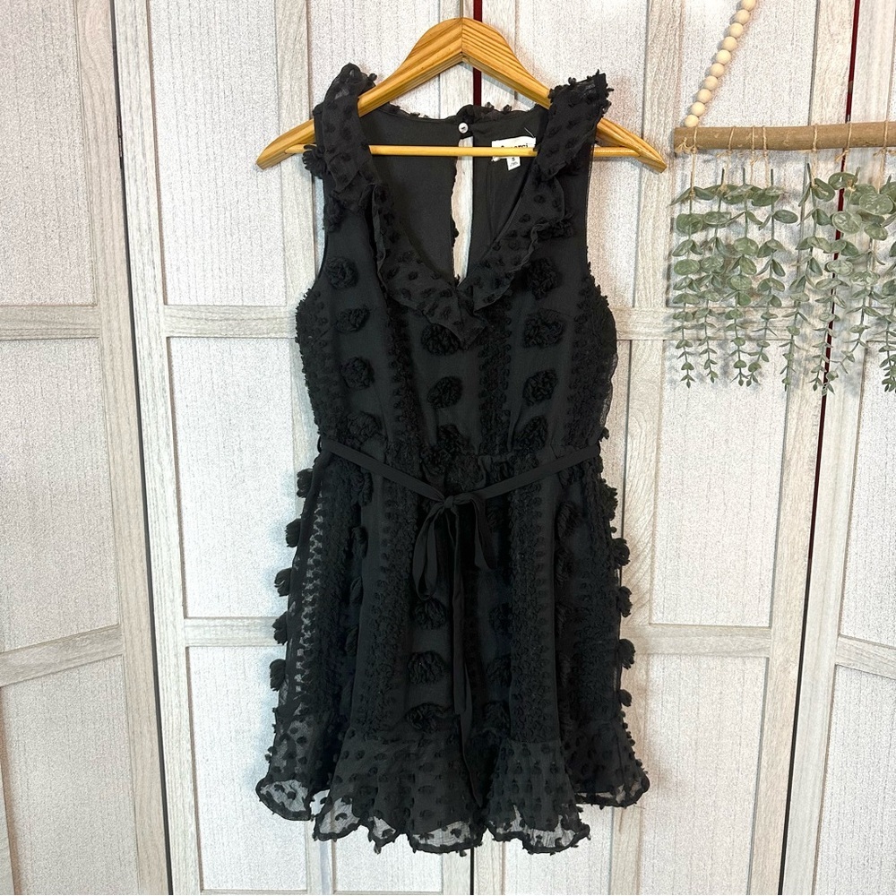 &Merci Black Pom Applique Flounce Sleeveless Dress Lined Belted Size Small $93